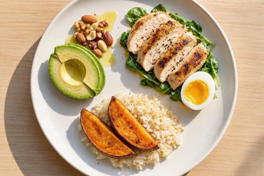 Plate divided into protein, carb and fat portions