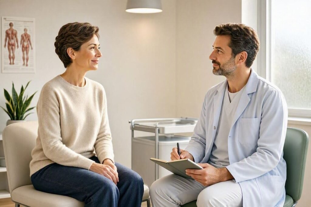 Person discussing a persistent facial skin concern with a dermatologist
