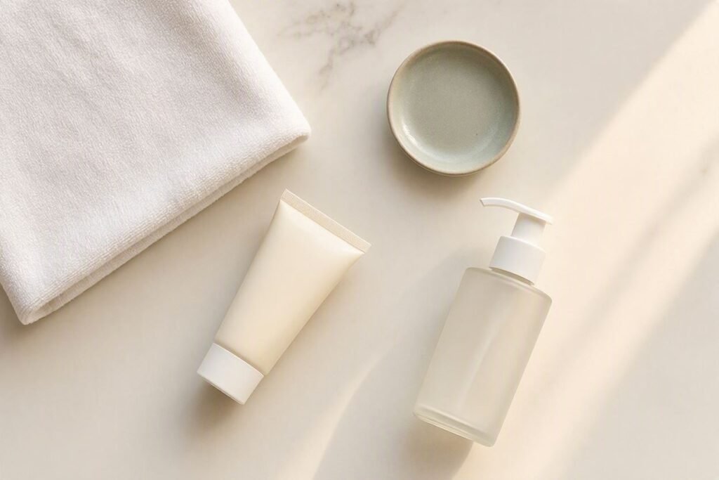 Fragrance-free cleanser and moisturizer used in a gentle facial skincare routine