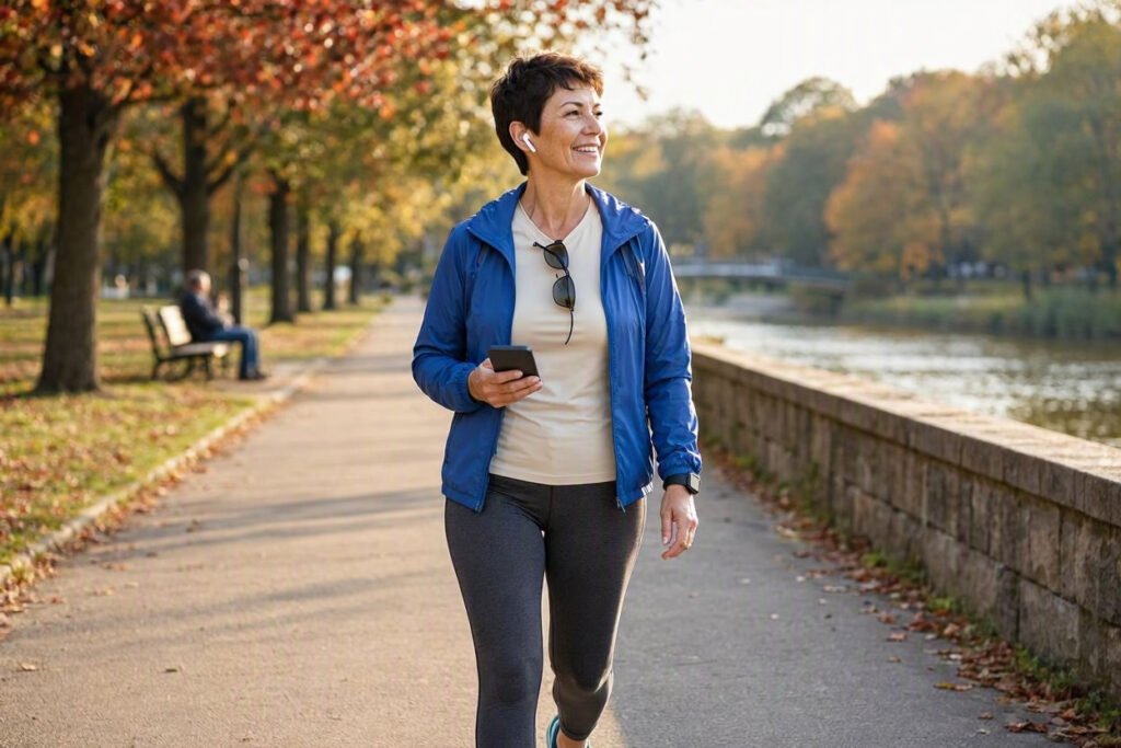 Person walking outdoors and listening to music as part of a realistic healthy routine