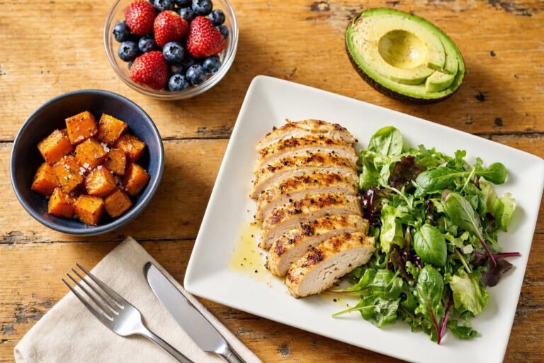 Balanced plate with grilled chicken, vegetables and avocado for weight loss