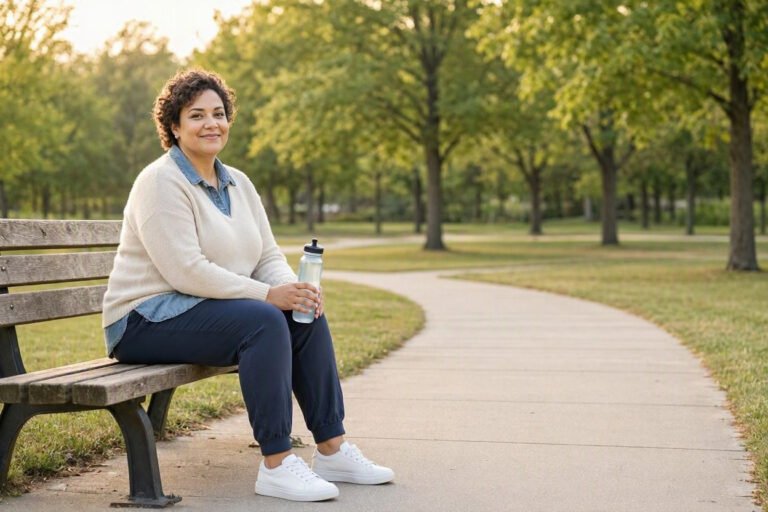 Woman taking a break on a park bench after a walk while reflecting on realistic weight-loss goals