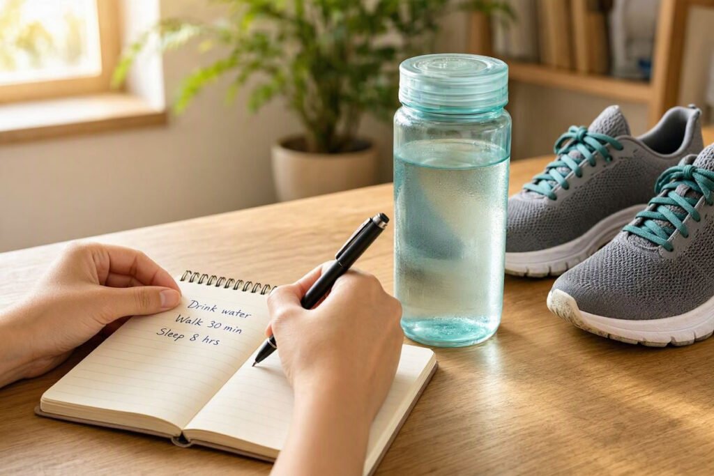 Losing motivation to lose weight and writing simple health goals in a notebook