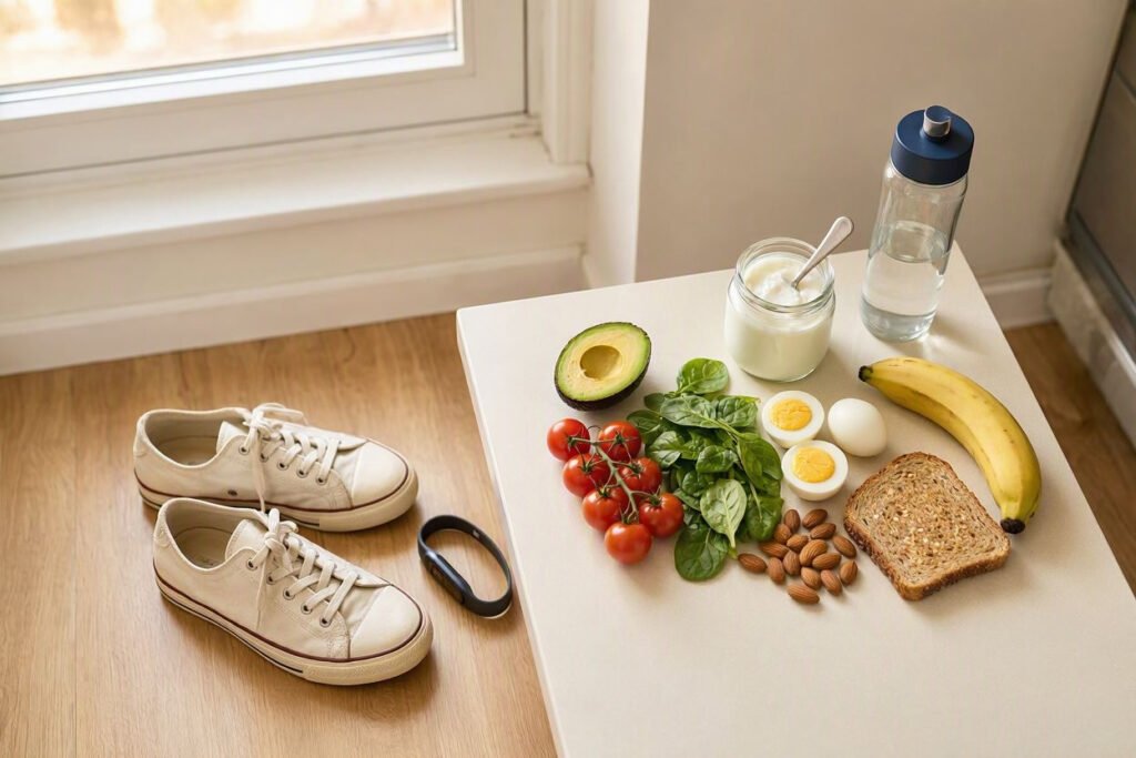 Simple healthy meal ingredients and sneakers prepared for an easy low-motivation routine