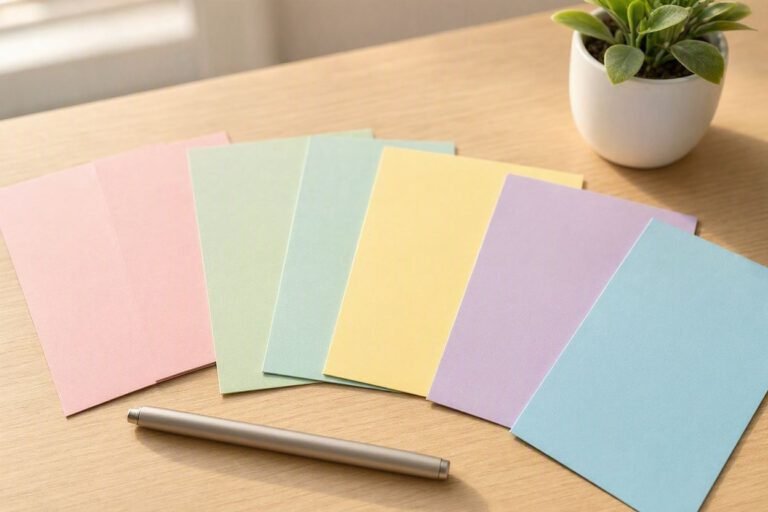 Colorful reminder cards with realistic motivational phrases for weight loss arranged on a desk