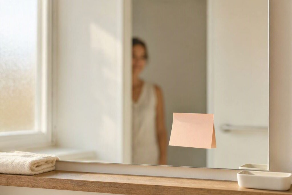 Small blank reminder card attached to a bathroom mirror as a daily habit cue