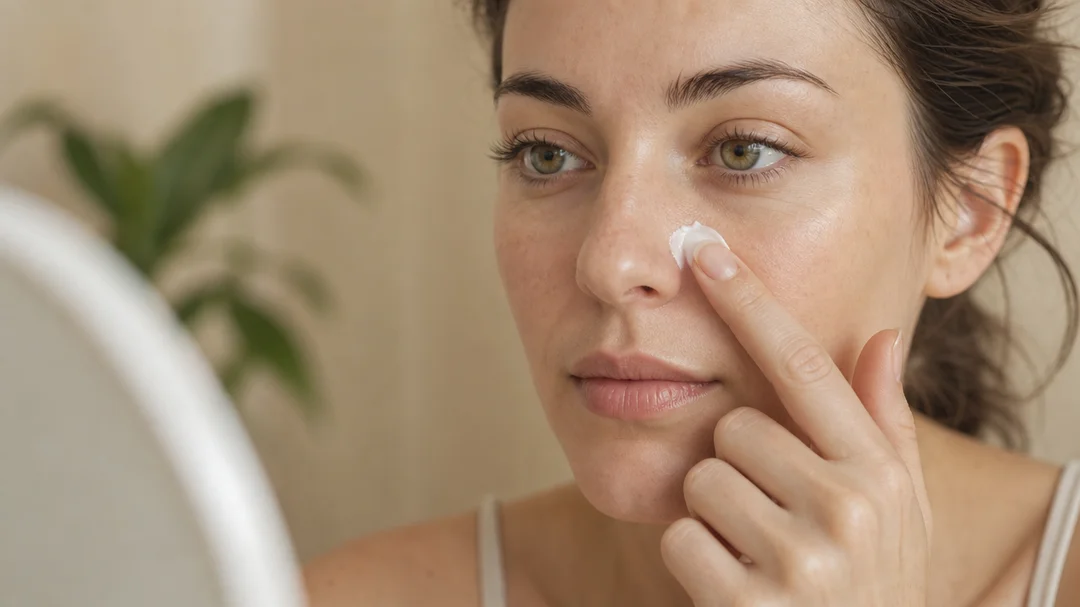 Person applying a small amount of fragrance-free cream beside the nose