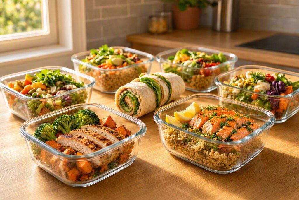 Meal prep containers with healthy weekly meals