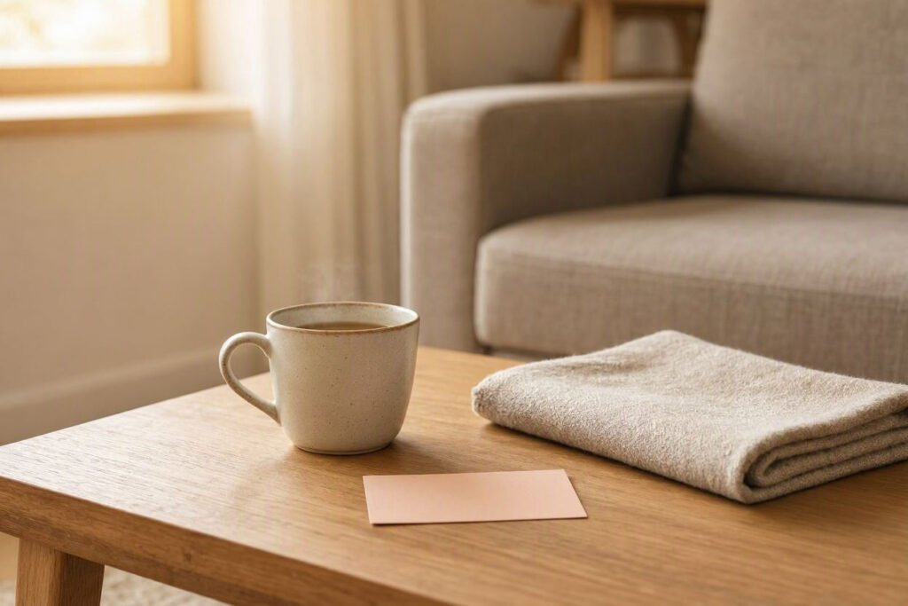 Warm tea, a folded blanket, and a simple reminder card on a coffee table