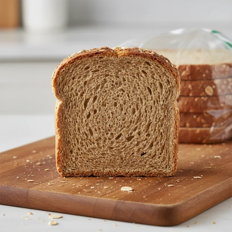Slice of whole wheat bread on wooden cutting board