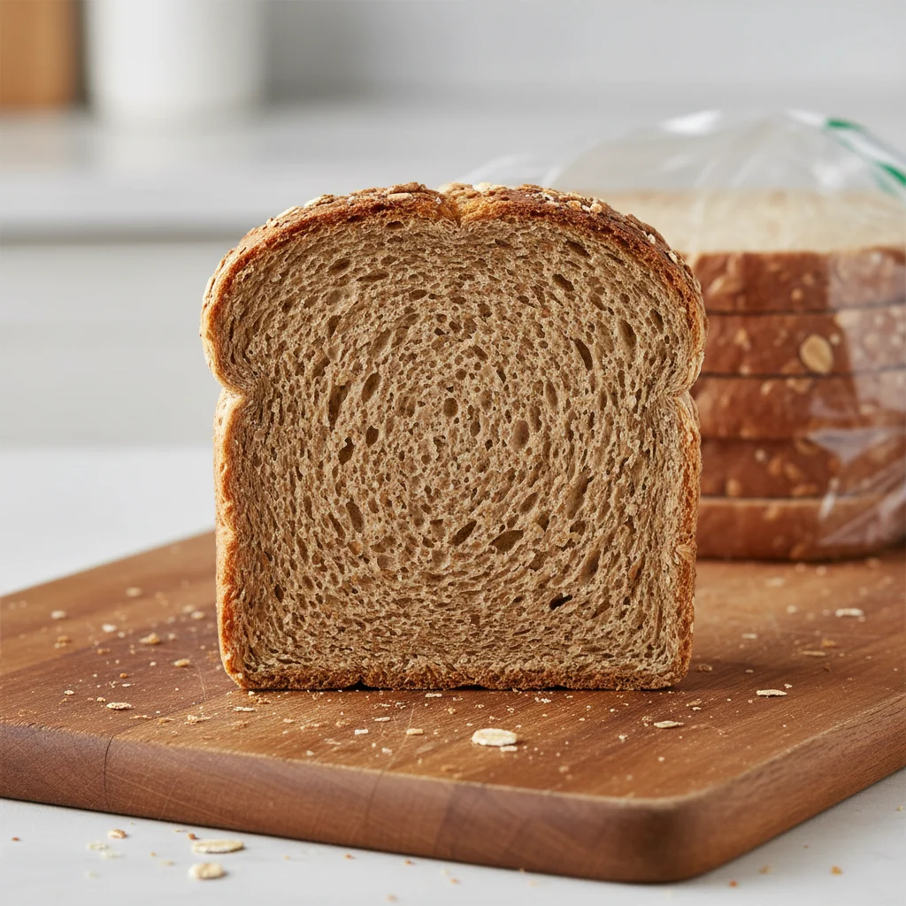 Slice of whole wheat bread on wooden cutting board
