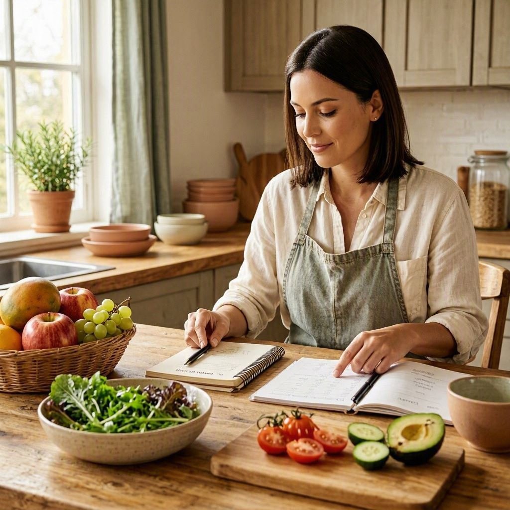 Woman planning meals in a kitchen with fresh fruit, salad, tomatoes, cucumber and avocado