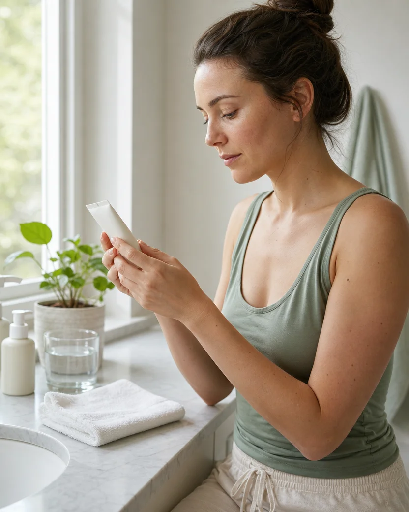 Woman in a bathroom reading the ingredients on a moisturizer container