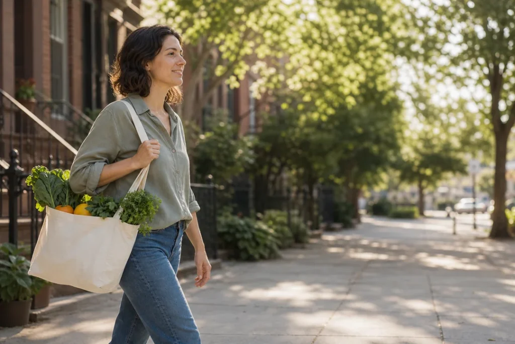Woman walking home with a reusable bag of fresh groceries