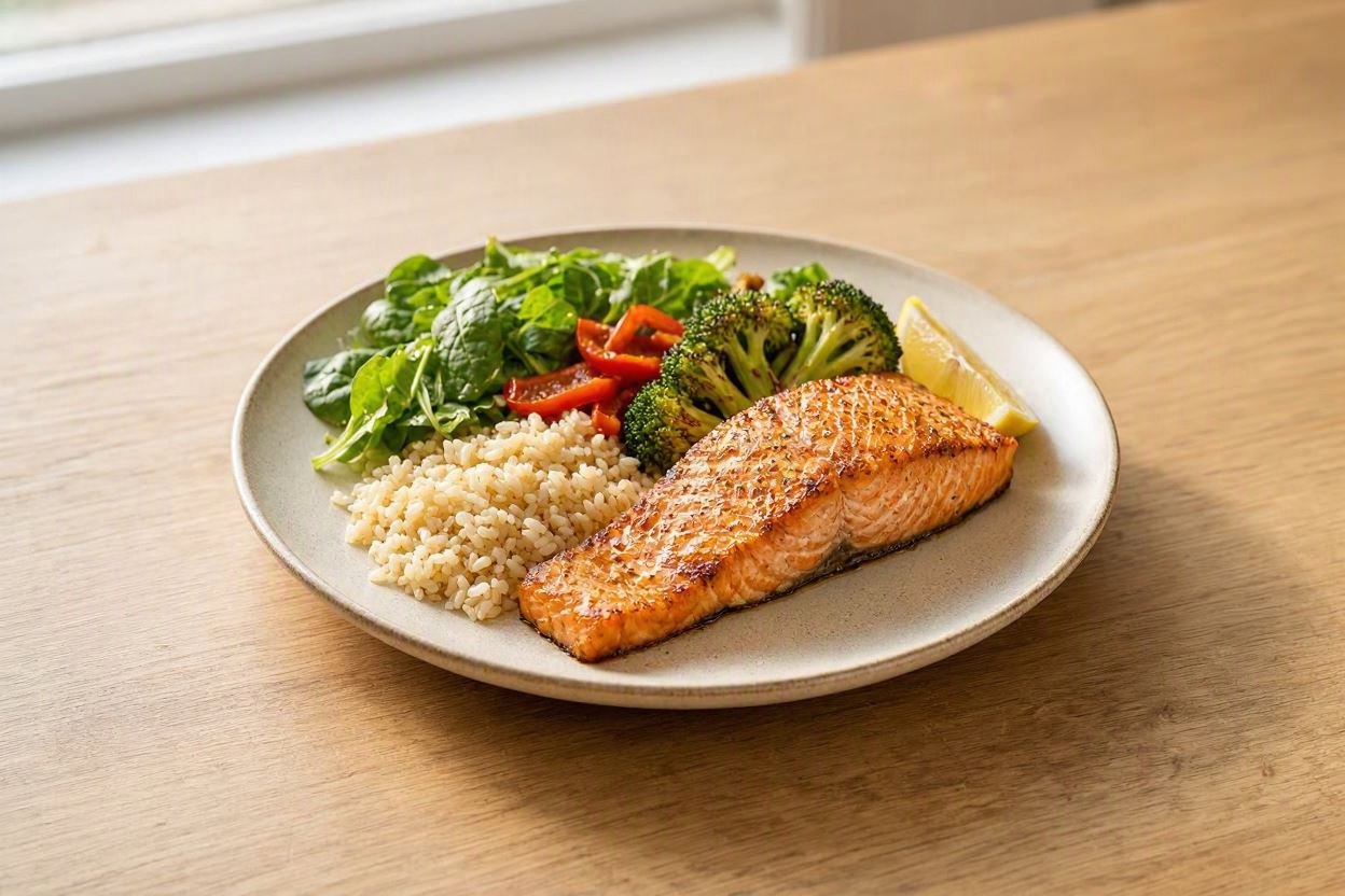 Illustrative balanced meal with salmon, brown rice and roasted vegetables