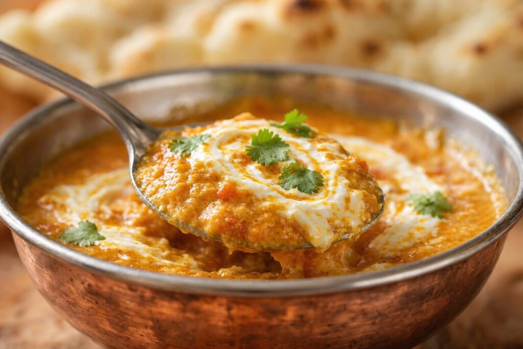 Spoonful of creamy butter chicken curry with cream and cilantro