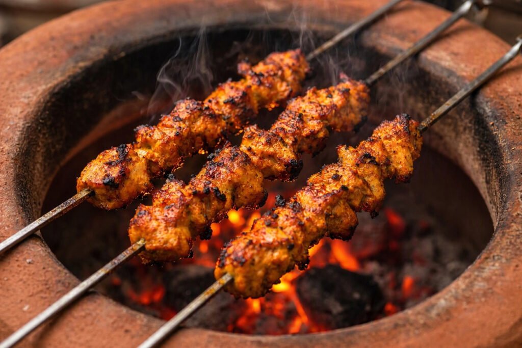 Chicken tikka skewers grilling over charcoal in a tandoor oven