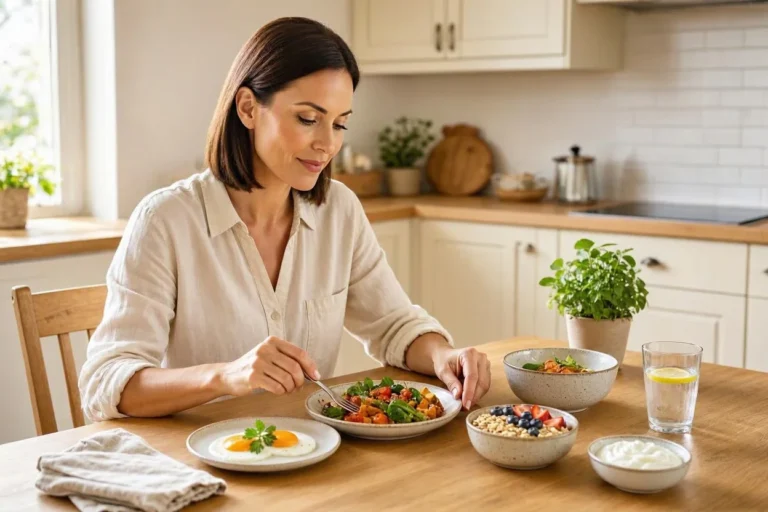 Person choosing a meal with eggs, vegetables and oats at a kitchen table