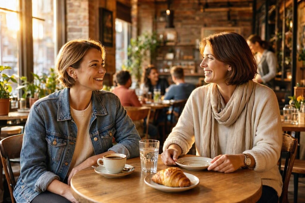 Friends having coffee and talking at a café table