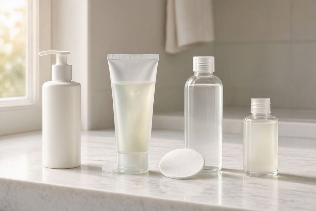 Different facial cleanser types for aging skin including cream, gel-cream and micellar water