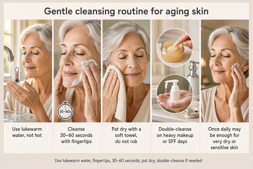 Gentle cleansing steps for mature and aging skin using lukewarm water and fingertips