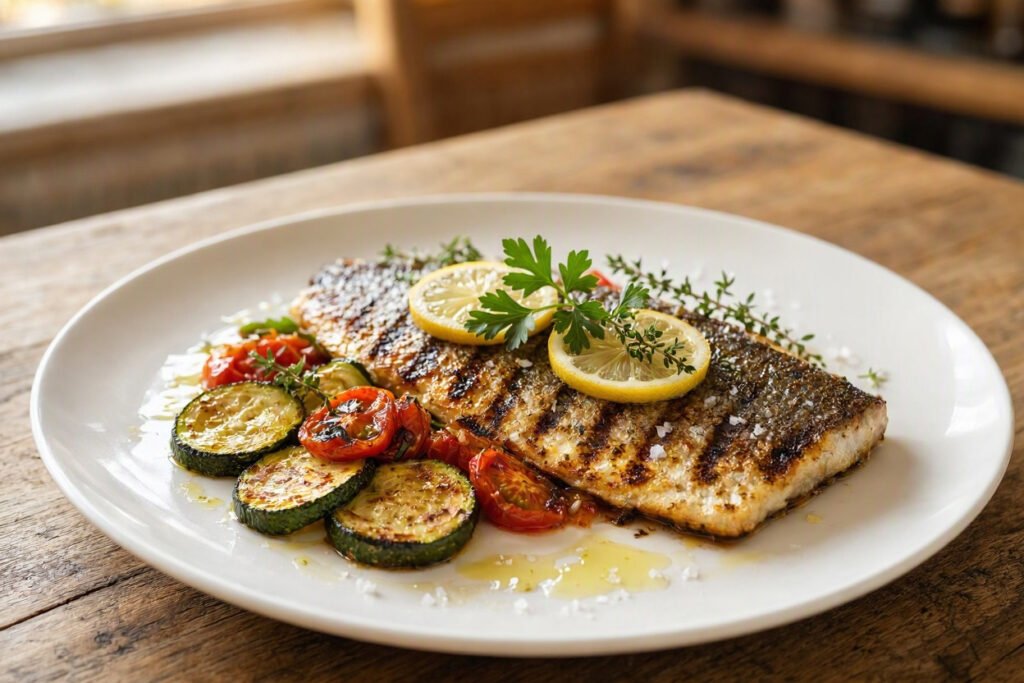 Grilled fish fillet with lemon, roasted zucchini, and cherry tomatoes on a white plate