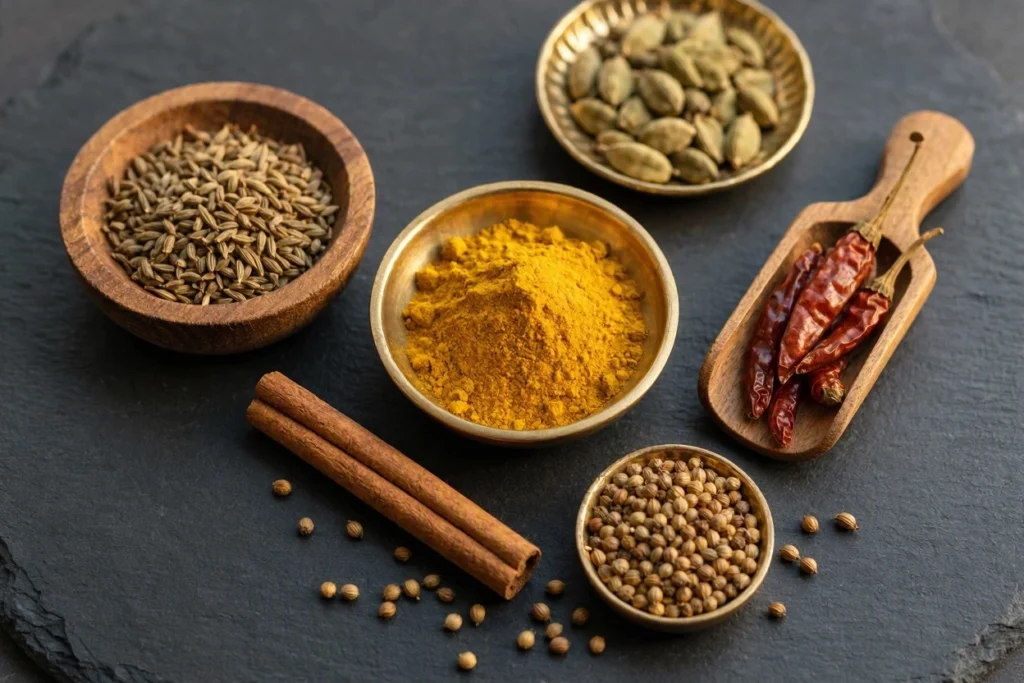 Indian spices including turmeric, cumin, cardamom and dried chilies in small bowls