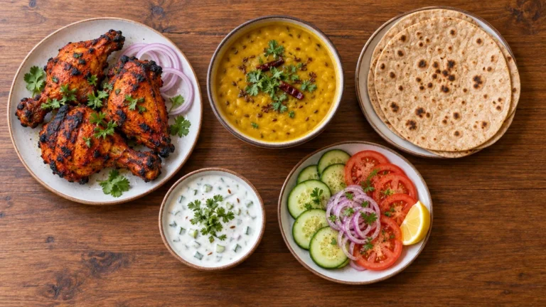 Indian dishes including tandoori chicken, dal, and roti on a wooden table