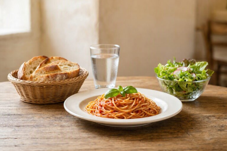 Italian restaurant table with spaghetti in tomato sauce, a green salad, and a basket of bread