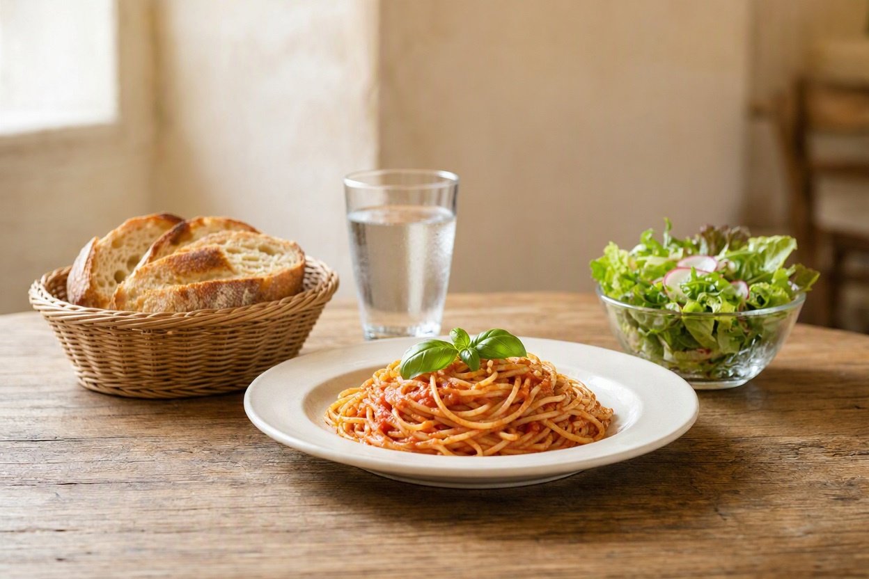 Italian restaurant table with spaghetti in tomato sauce, a green salad, and a basket of bread