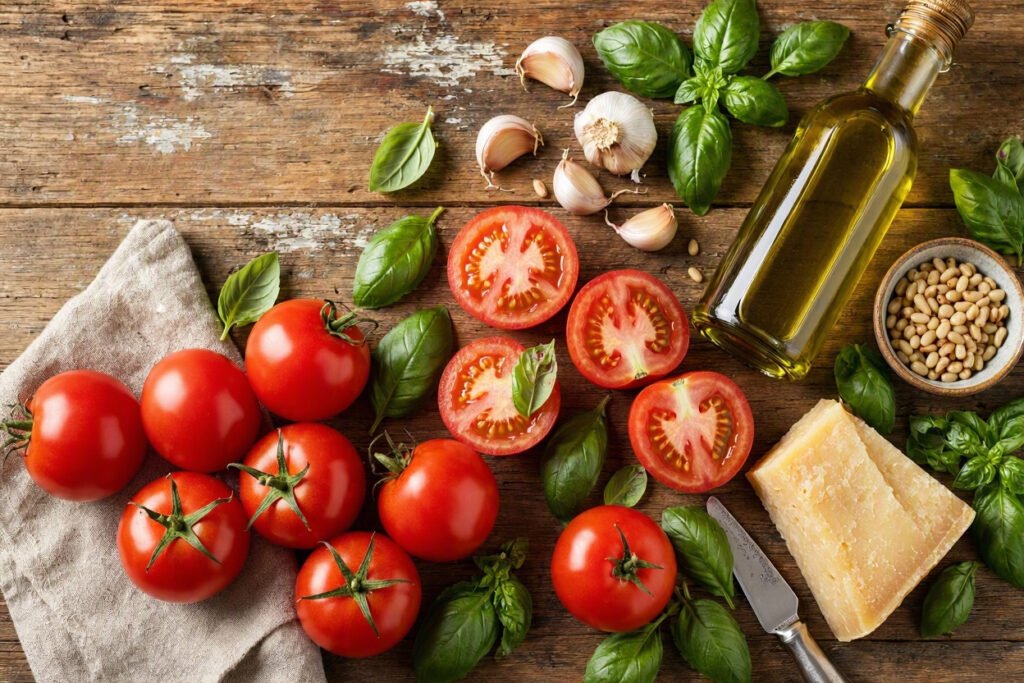 Tomatoes, basil, garlic, olive oil, parmesan, and pine nuts arranged on a wooden table