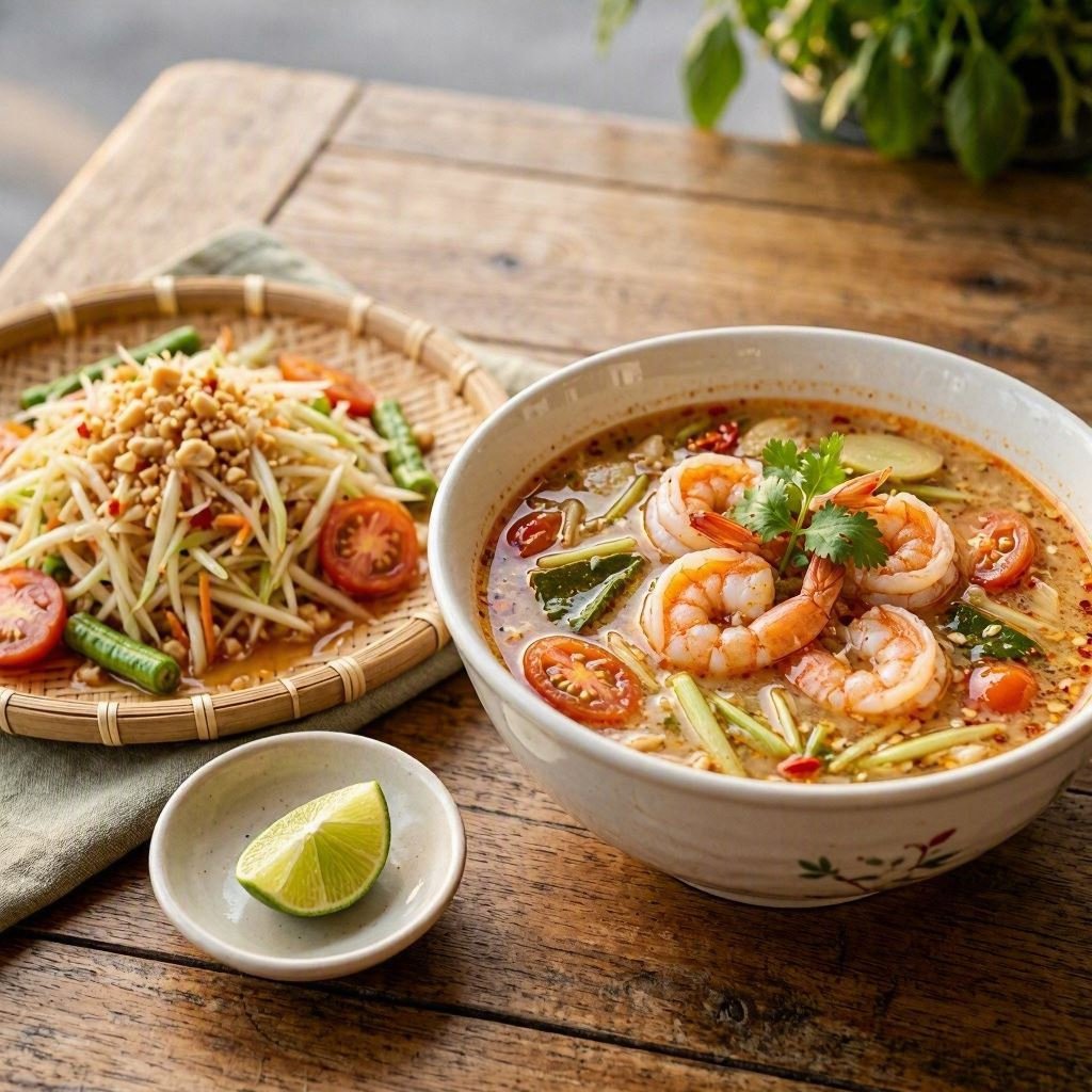 Tom yum soup and som tam papaya salad, two of the lighter Thai dishes