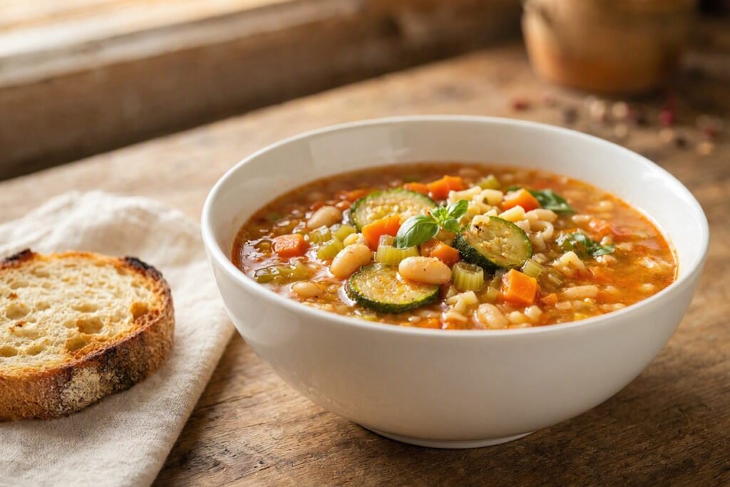 Bowl of minestrone soup with beans, vegetables, and basil beside a slice of bread
