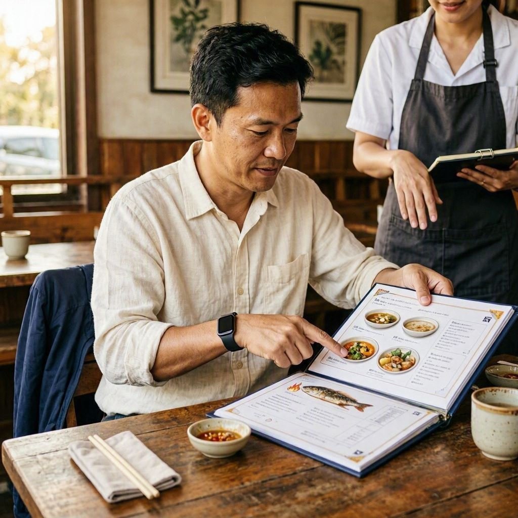 Diner choosing grilled protein and a broth-based soup from a Thai restaurant menu