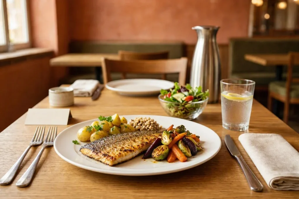 Restaurant meal with grilled fish, vegetables and whole grains on a table