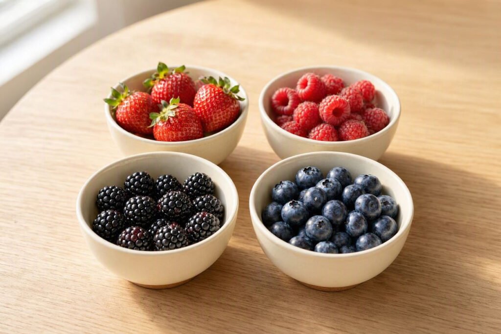 Strawberries, raspberries, blueberries and blackberries arranged in small bowls, illustrating how many calories in a strawberry