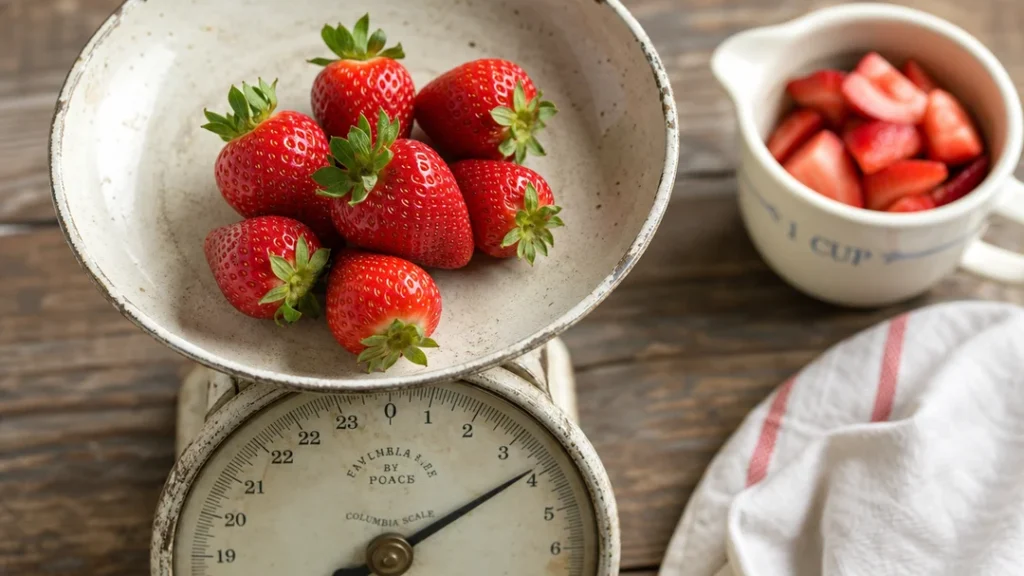Measured cup of sliced strawberries for a serving-size calorie comparison