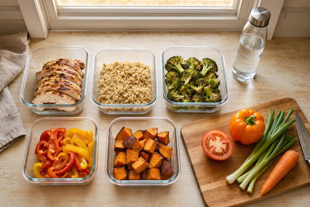 Illustrative meal-prep containers with chicken, quinoa and roasted vegetables on a kitchen counter