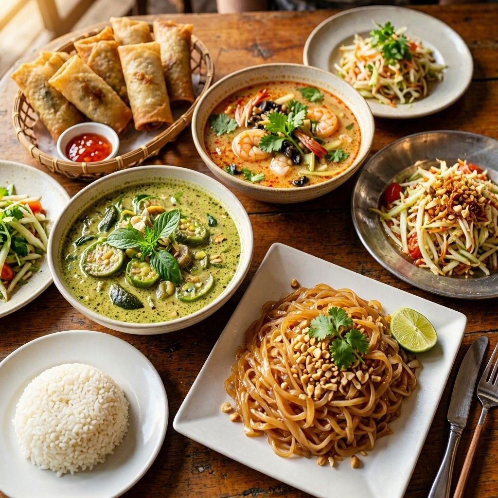 Thai dishes including curry, pad Thai and spring rolls on a wooden table