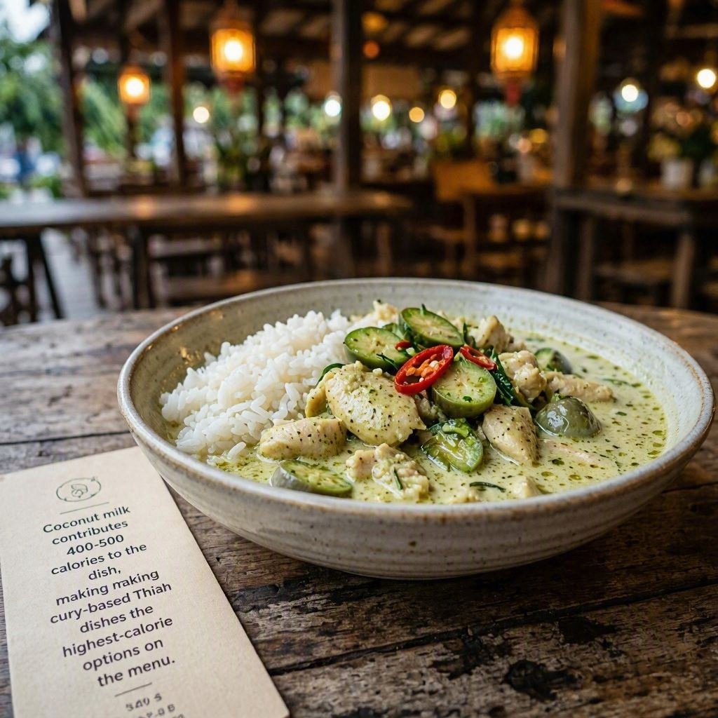Thai green curry made with coconut milk, one of the higher-calorie dishes