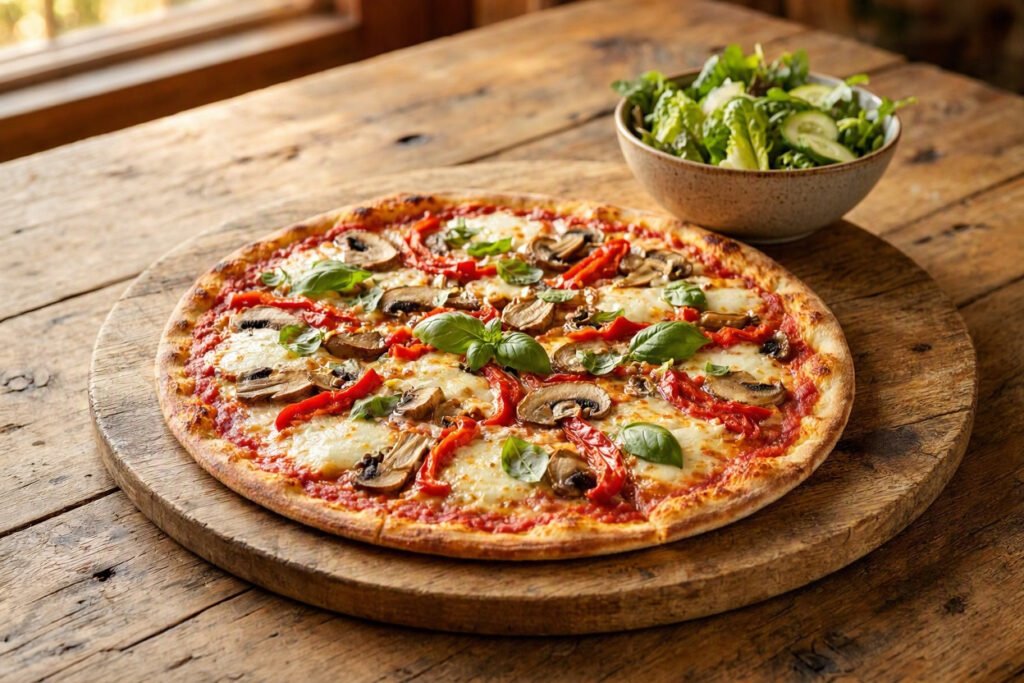 Thin-crust pizza with mushrooms, peppers, and basil next to a small green salad