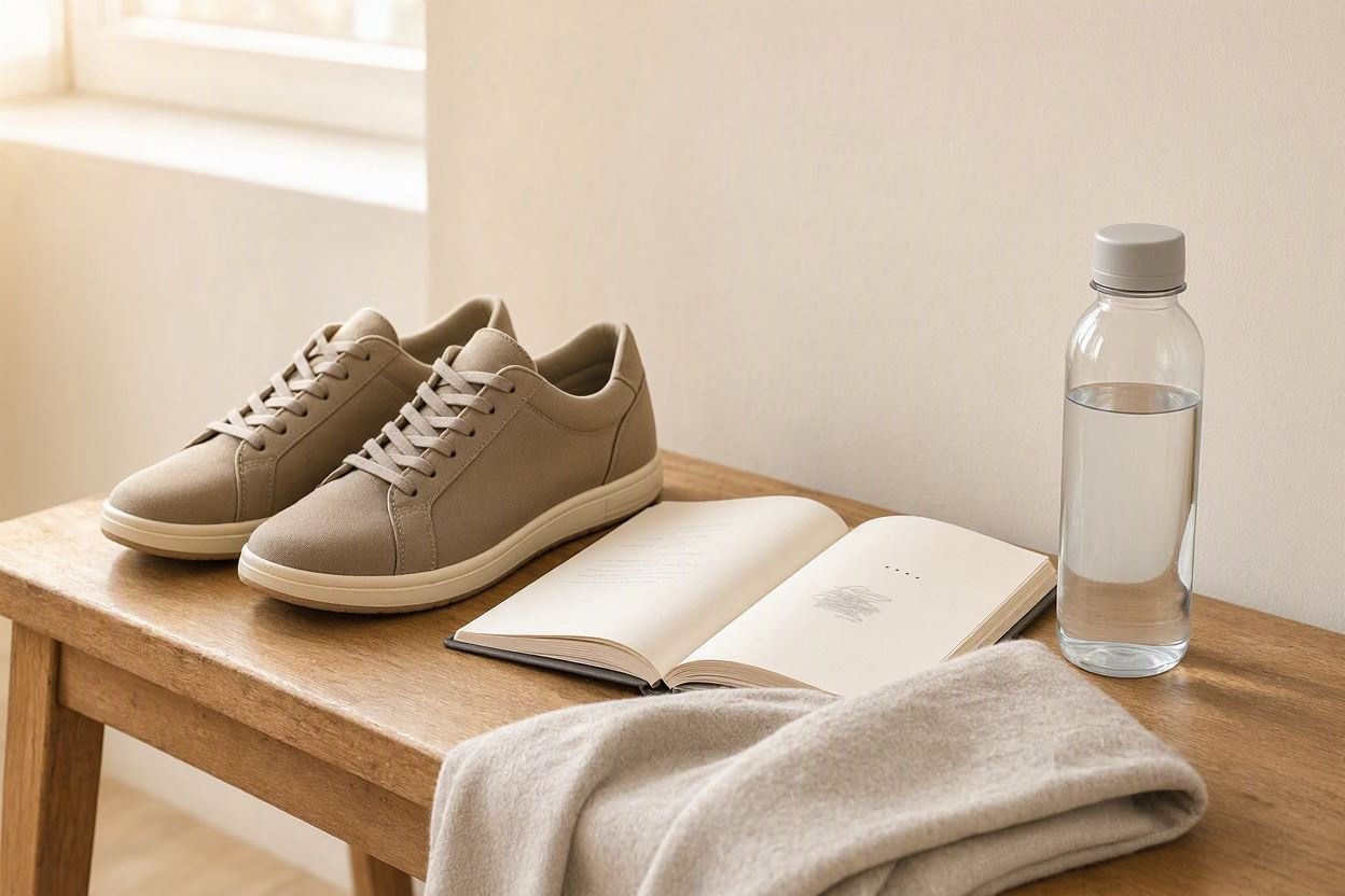 Illustrative walking shoes, water bottle and weekly planner for a practical daily routine